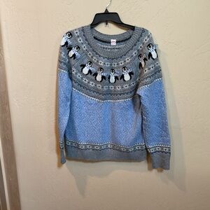Holiday Time Gray and Blue Penguin Sweater 2X